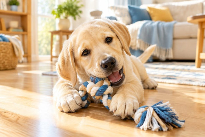 Puppy chewing a rope toy