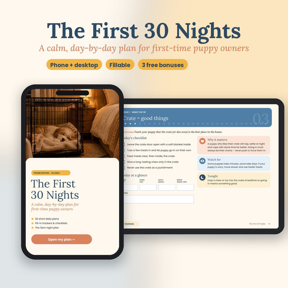The First 30 Nights puppy plan on a phone and tablet