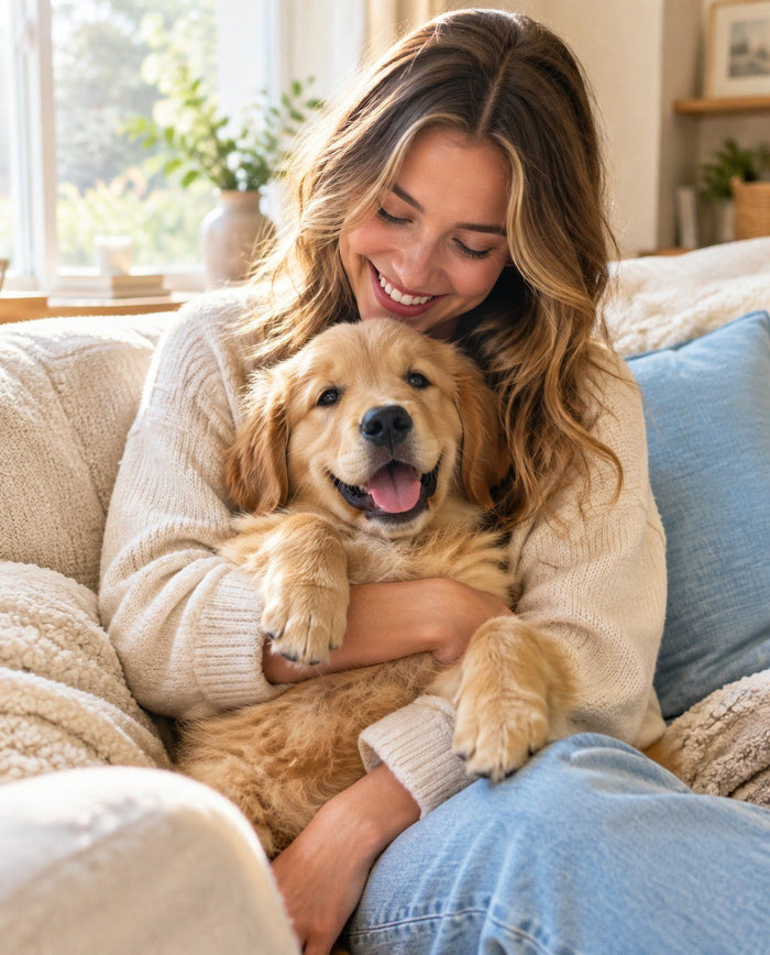Smiling owner hugging a golden puppy
