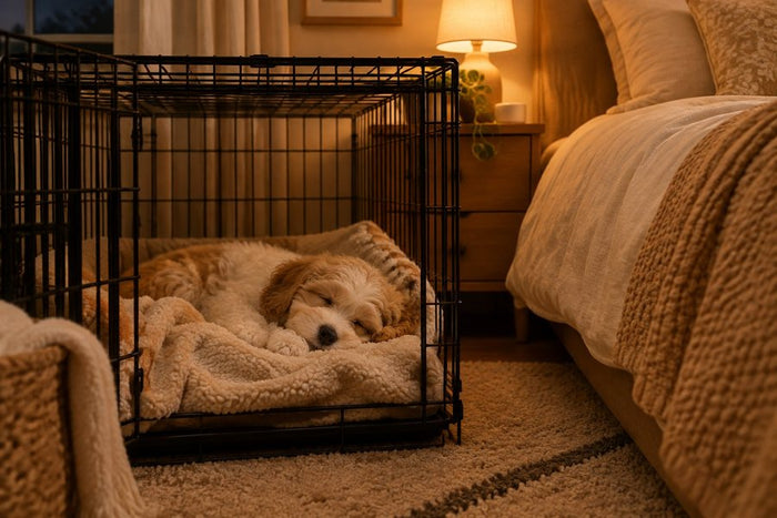 Puppy sleeping in a crate beside the bed