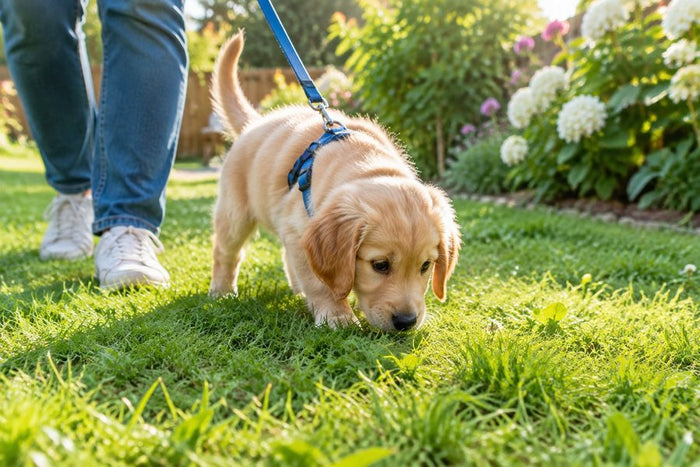 Puppy on a lead sniffing the grass